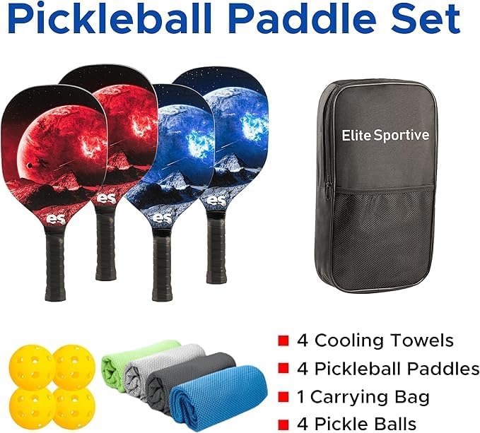 Premium Wood Pickleball Paddles, Set of 4|Premium Wood Pickleball Paddles,Pickleball Balls, 4 Cooling Towel,Pickleball Bag,Comfort Grip Pickleball Rackets,, Red and Blue