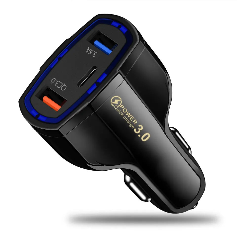 JY-368 QC3.0 USB Car Charger 3 Ports Type C USB Car Charger Cigarette Lighter Socket Power Adapter