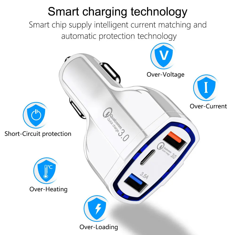 JY-368 QC3.0 USB Car Charger 3 Ports Type C USB Car Charger Cigarette Lighter Socket Power Adapter