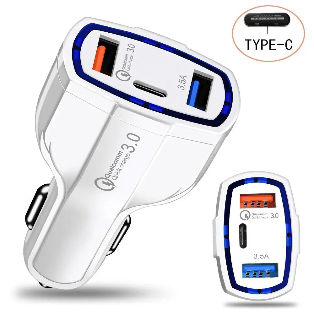 JY-368 QC3.0 USB Car Charger 3 Ports Type C USB Car Charger Cigarette Lighter Socket Power Adapter