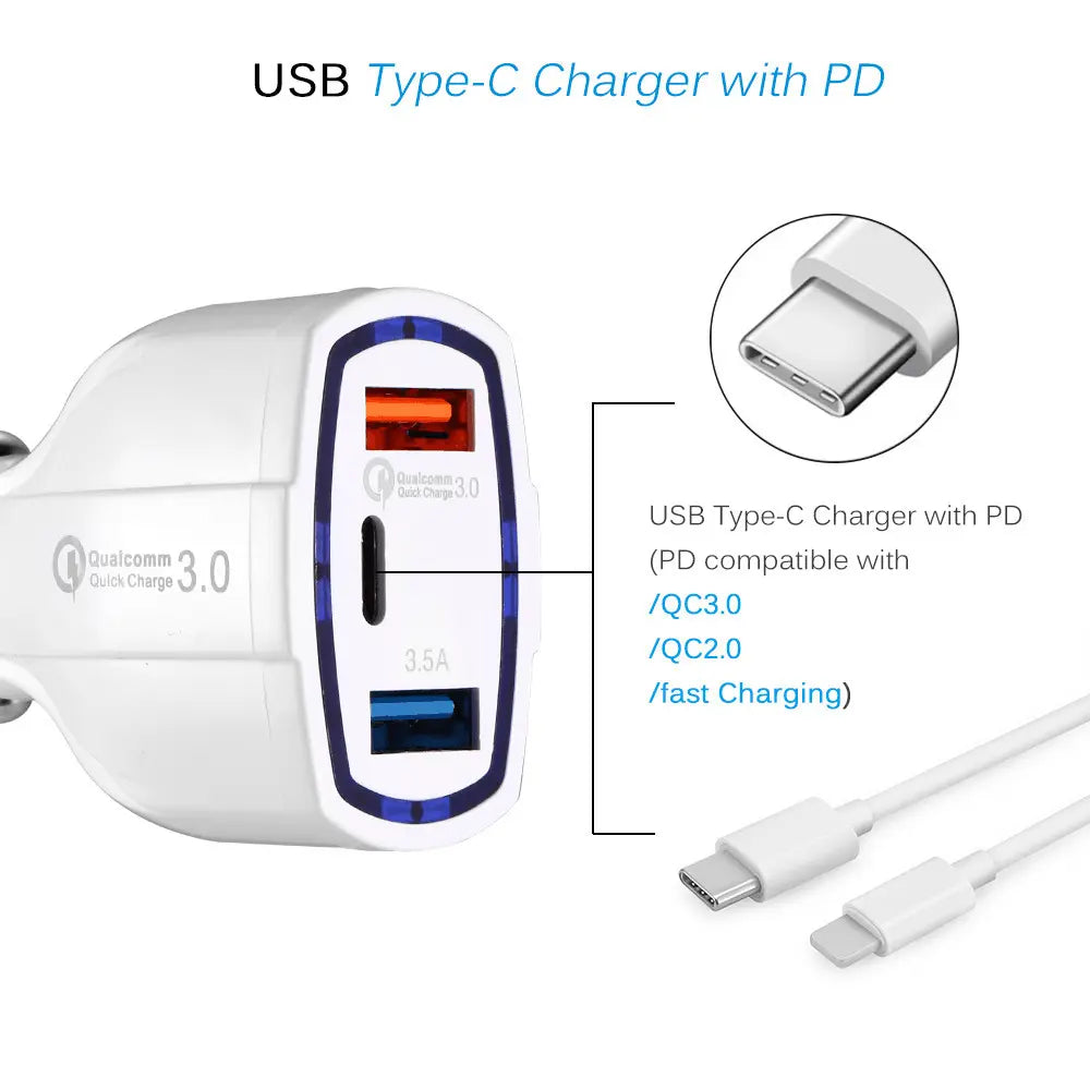 JY-368 QC3.0 USB Car Charger 3 Ports Type C USB Car Charger Cigarette Lighter Socket Power Adapter