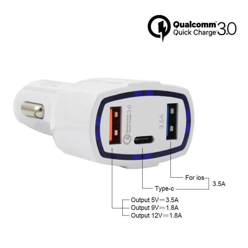 JY-368 QC3.0 USB Car Charger 3 Ports Type C USB Car Charger Cigarette Lighter Socket Power Adapter