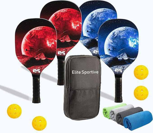 Premium Wood Pickleball Paddles, Set of 4|Premium Wood Pickleball Paddles,Pickleball Balls, 4 Cooling Towel,Pickleball Bag,Comfort Grip Pickleball Rackets,, Red and Blue