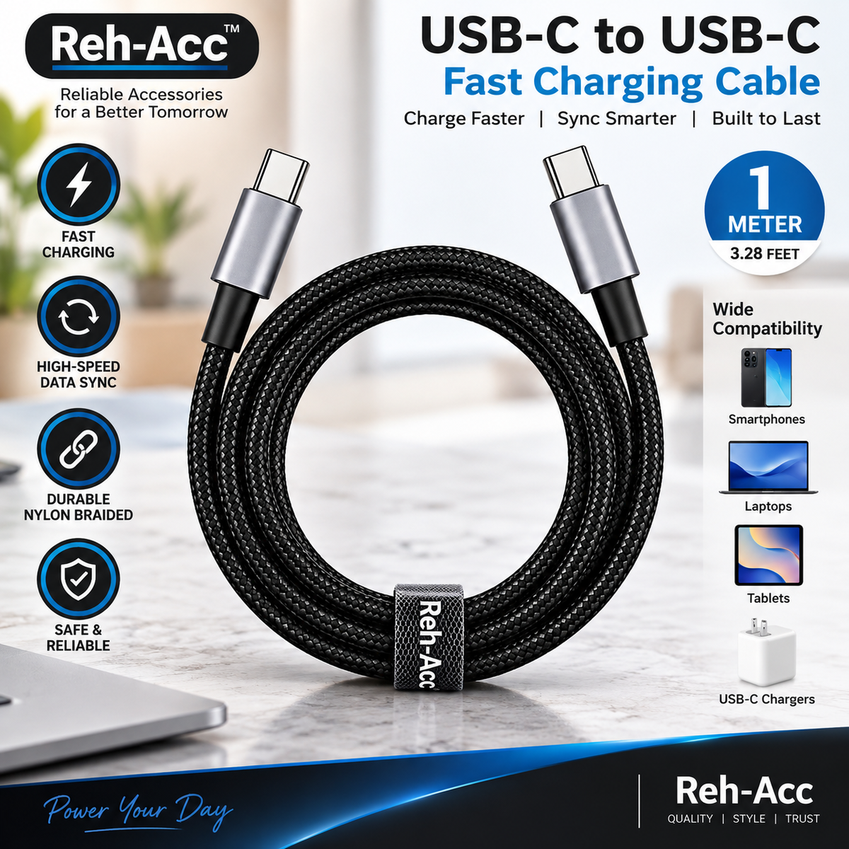 Reh-Acc 2-Pack USB-C to USB-C Braided Cables 3ft Black/Silver iPhone 18